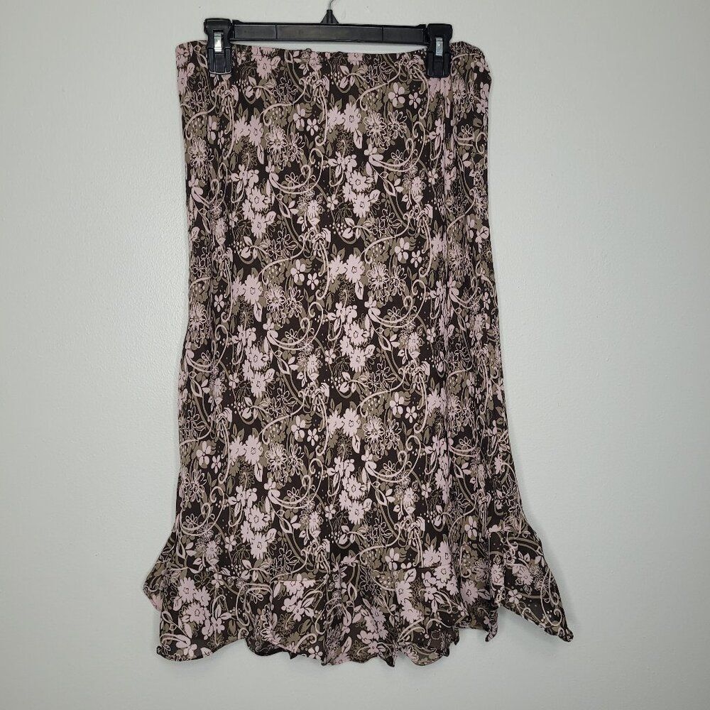 Vintage Christopher & Banks brown pink floral grunge midi pull on skirt